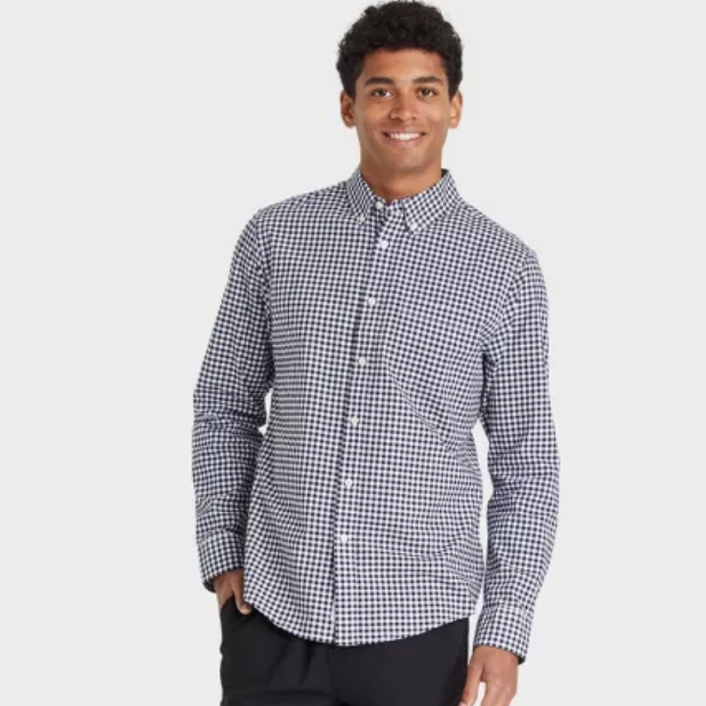 MEDIUM Slim Fit Long Sleeve Button-Down Shirt Navy Checkered Northrop Goodfellow